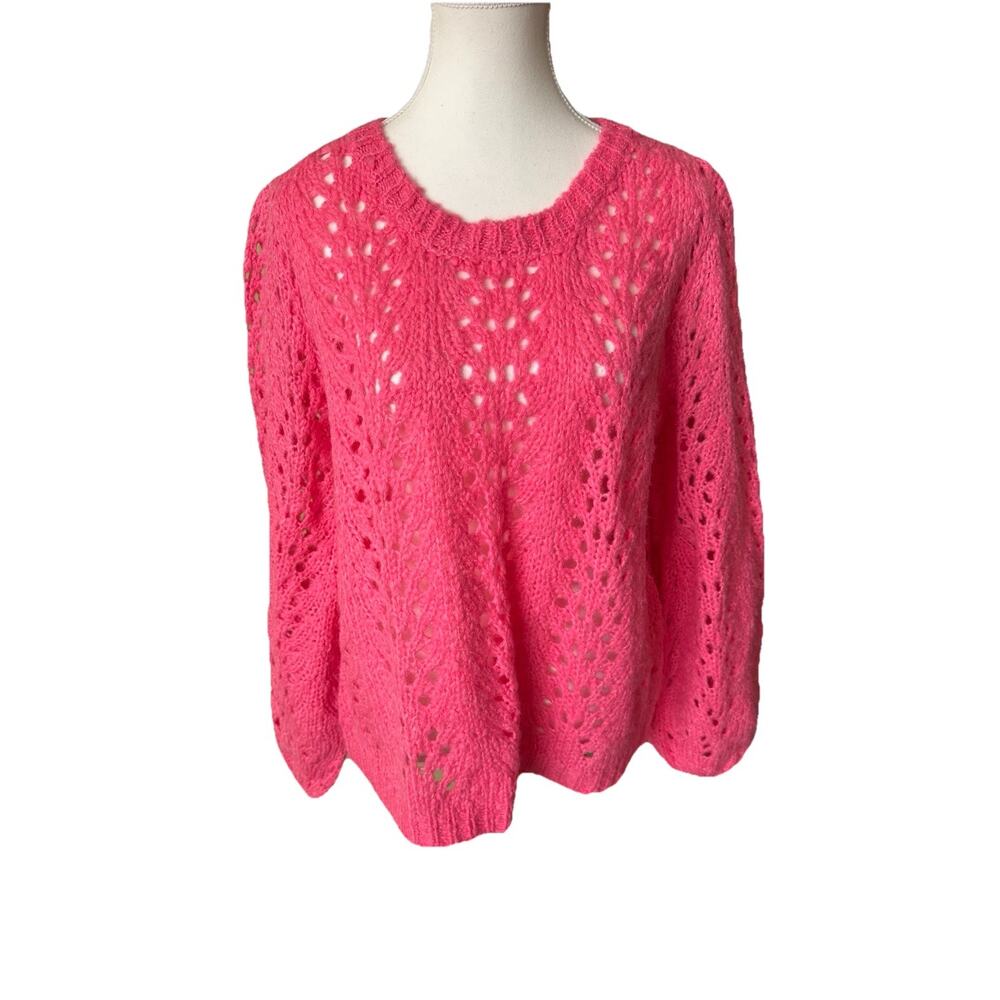 For The Republic Pink‎ Mohair Blend Open Knit Sweater XL Cozy Soft Pullover